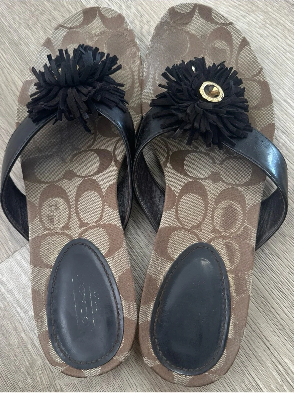 Coach Tan Signature Monogram Slide Sandals with Black Flower Charm